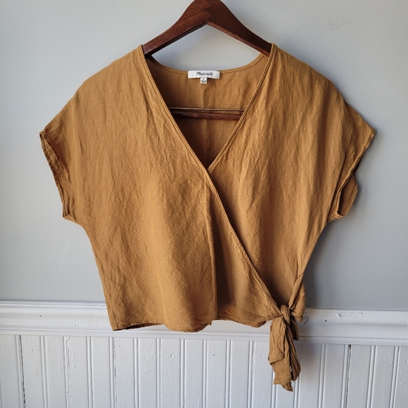 Madewell Linen Blend Mustard Wrap Cropped Blouse Size Small - Picture 2 of 16